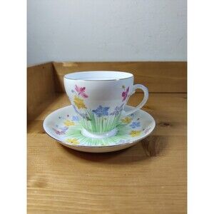 Vtg Royal Grafton England Bone China Tea Cup & Saucer White Hand Painted Floral